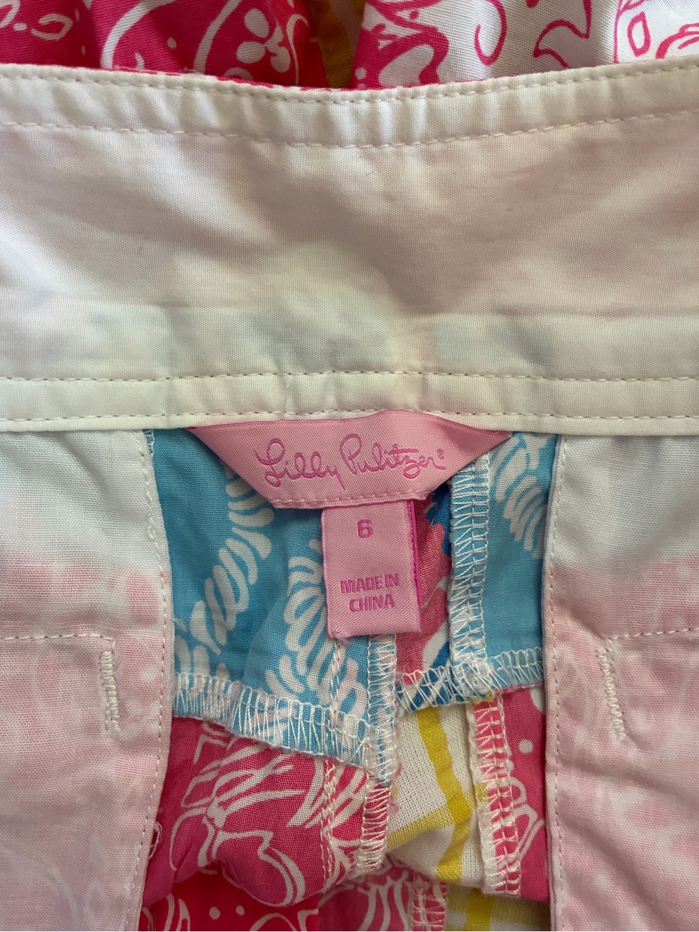 Lily Pulitzer Pink, Blue and Yellow Patchwork Seersucker Bermuda Shorts Size 6 - Picture 7 of 9